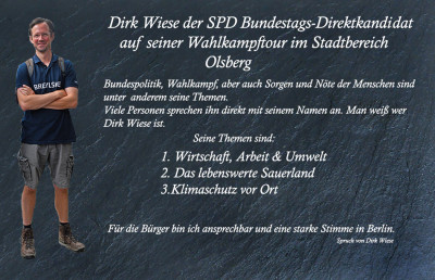 Dirk Wiese, der SPD Bundestags-Direktkandidat auf Wahlkampftour in Olsberg