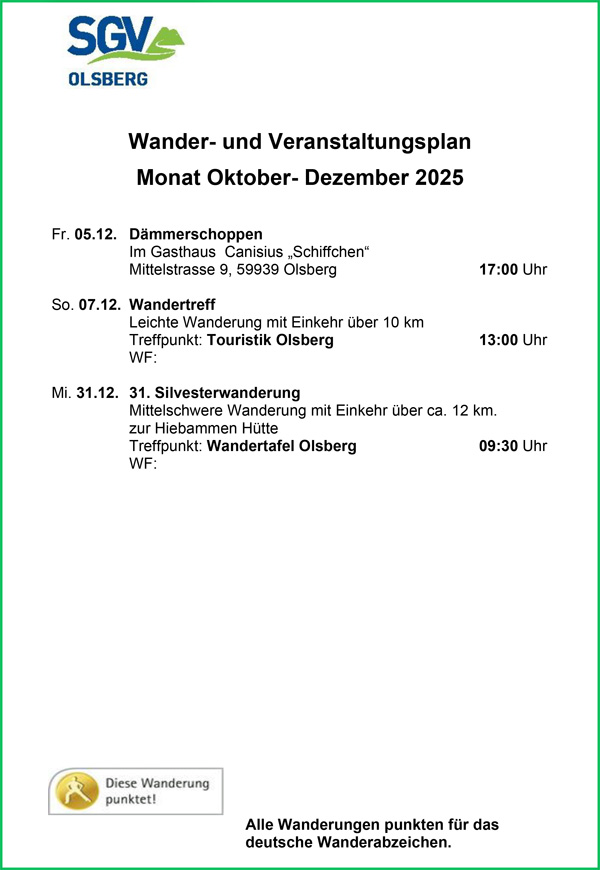 2025 sgv Wanderplan Olsberg Okober Dezember 2